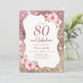 Sparkle rose gold glitter and floral 80th birthday invitation (Standing Front)