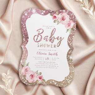 Sparkle rose gold glitter and floral baby shower invitation