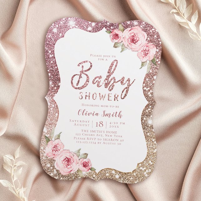 Sparkle rose gold glitter and floral baby shower invitation (Sparkle rose gold glitter and floral baby shower invitation)
