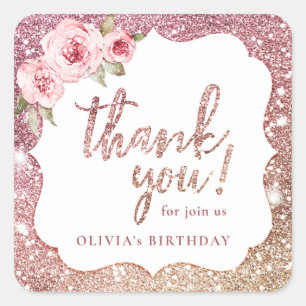 Sparkle rose gold glitter and floral thank you square sticker