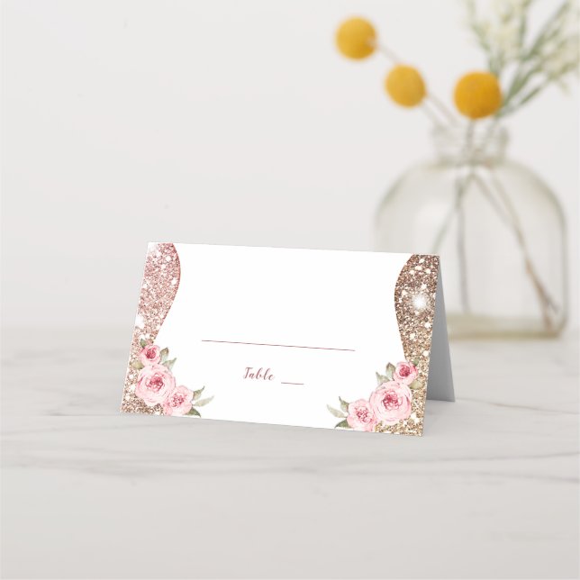 Sparkle rose gold glitter and Floral Wedding Place Card (Front)