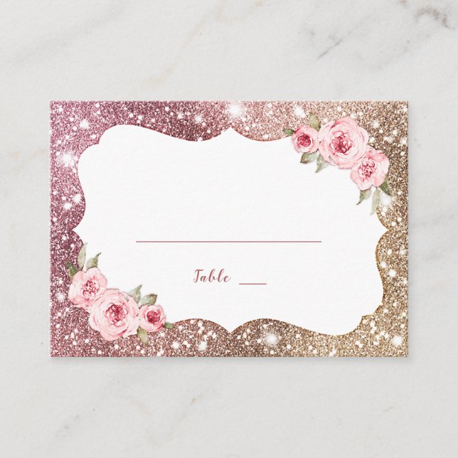 Sparkle rose gold glitter and Floral Wedding Place Card (Front)