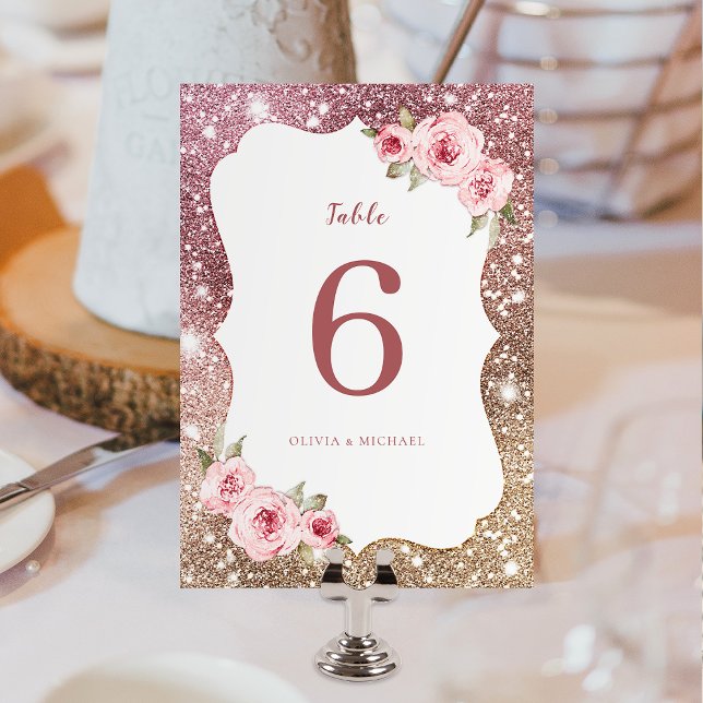 Sparkle rose gold glitter and floral Wedding Table Number (Sparkle rose gold glitter and floral Wedding Table Number card)