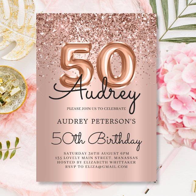 Sparkle Rose Gold Glitter Balloon 50th Birthday  Invitation (Creator Uploaded)