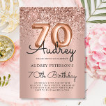 Sparkle Rose Gold Glitter Balloon 70th Birthday Invitation<br><div class="desc">Make your 70th birthday celebration unforgettable with this dazzling Rose Gold Balloon Invitation. Designed with trendy rose gold foil number balloons, stylish calligraphy, and a sparkle glitter frame, all set against a soft blush pink metallic foil background. A modern and elegant choice for a milestone birthday filled with glam and...</div>