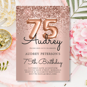 Sparkle Rose Gold Glitter Balloon 75th Birthday Invitation