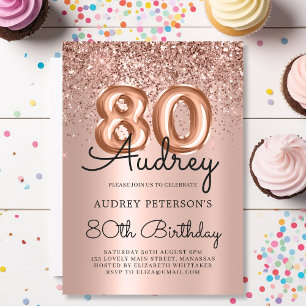 Sparkle Rose Gold Glitter Balloon 80th Birthday Invitation