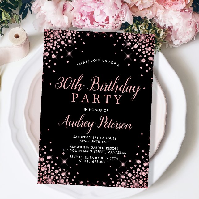 Sparkle Rose Gold Glitter Black 30th Birthday Invitation (Creator Uploaded)