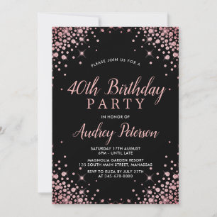 Sparkle Rose Gold Glitter Black 40th Birthday Invitation