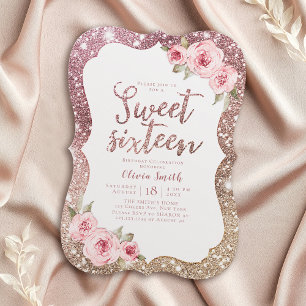 Sparkle rose gold glitter floral sweet 16 birthday invitation