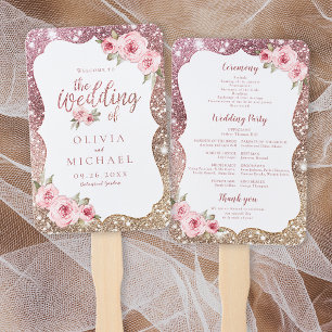 Sparkle rose gold glitter floral wedding program hand fan
