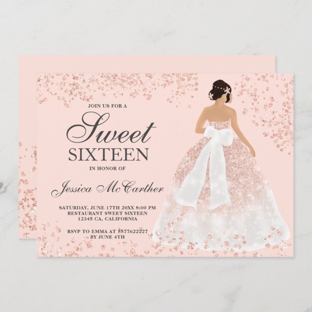 Sparkle rose gold glitter gown dress chic Sweet 16 Invitation (Front/Back)