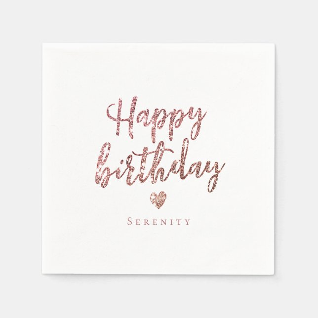 Sparkle rose gold glitter happy birthday napkin (Front)