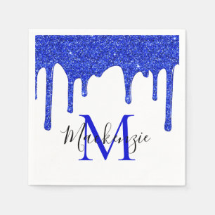 Sparkle Royal Blue Glitter Drips Monogram Napkin