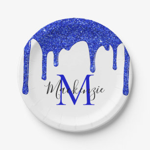 Sparkle Royal Blue Glitter Drips Monogram Paper Plate