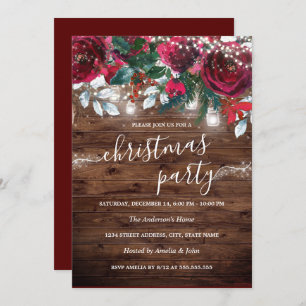 Sparkle Rustic Red Floral Lights Christmas Party Invitation