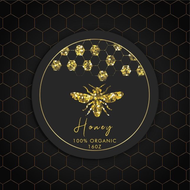 Sparkle Sequin gold honeybee Classic Round Sticker (#Luxurious #beelogo #honeylabel #goldframe #customlogobusinesssticker #etsybusinesssticker #sequin)