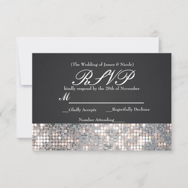 Sparkle Sequins Glamour Black Wedding RSVP Card (Front)