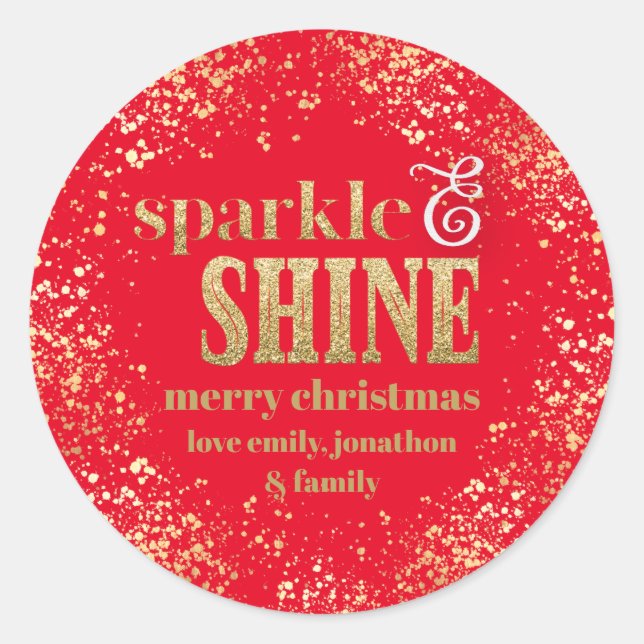 Sparkle Shine Gold typography Merry Christmas Red Classic Round Sticker (Front)