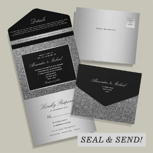 Sparkle Silver and Black Wedding All In One Invitation