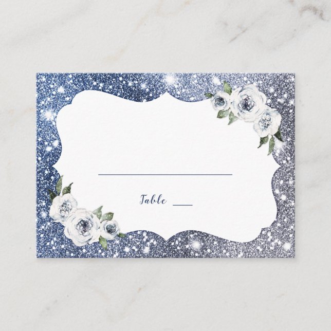 Sparkle Silver Blue Glitter and Floral Wedding Place Card (Front)