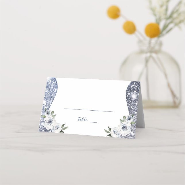Sparkle Silver Blue Glitter and Floral Wedding Place Card (Front)