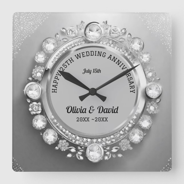 Sparkle Silver Diamonds Wedding Anniversary  Square Wall Clock (Front)