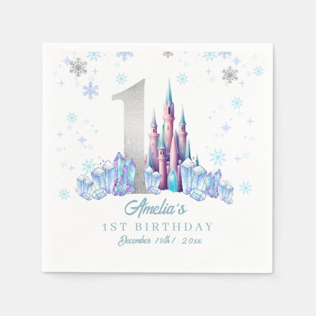 Sparkle Silver Frozen Kingdom Castle 1st Birthday  Napkin (Front)