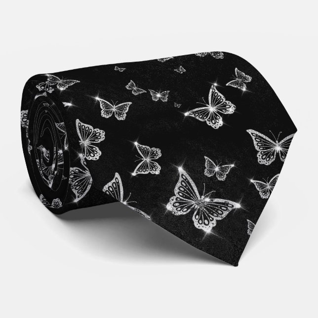 Sparkle Silver Glam Butterflies  Tie (Rolled)