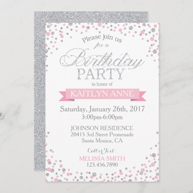 Sparkle Silver Glitter and Pink Sprinkles Birthday Invitation (Front/Back)