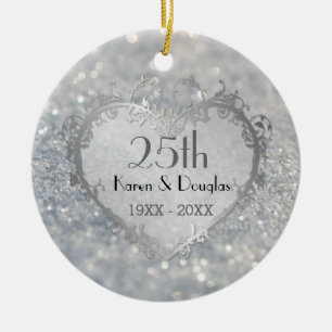 Sparkle Silver Heart 25th Wedding Anniversary Ceramic Ornament