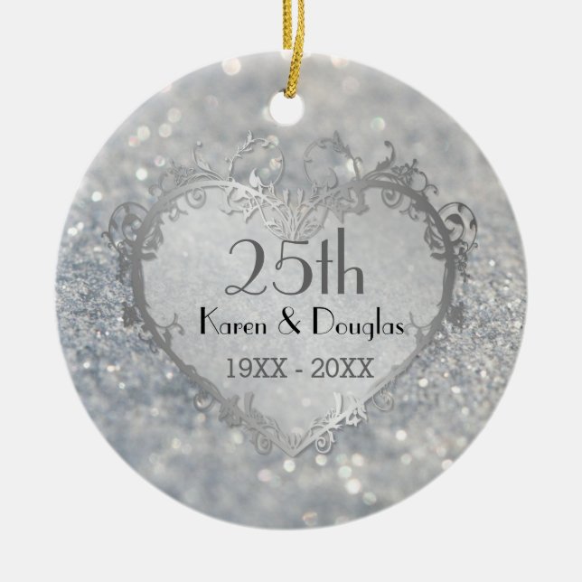 Sparkle Silver Heart 25th Wedding Anniversary Ceramic Ornament (Front)