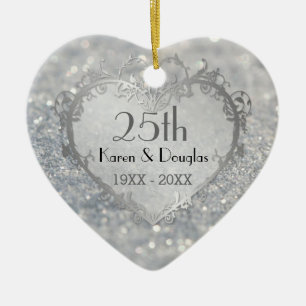 Sparkle Silver Heart 25th Wedding Anniversary Ceramic Tree Decoration