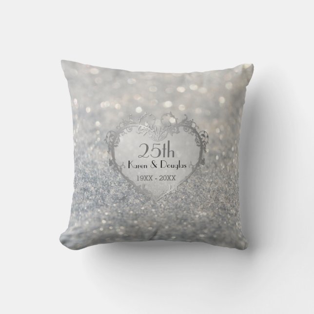 Sparkle Silver Heart 25th Wedding Anniversary Cushion (Front)
