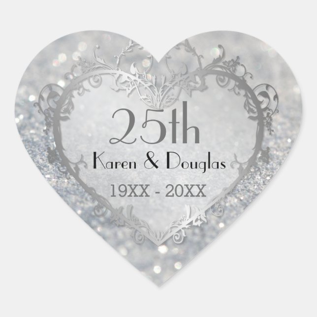 Sparkle Silver Heart 25th Wedding Anniversary Heart Sticker (Front)