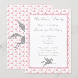 Sparkle SILVER Unicorn WHITE PINK PATTERN BIRTHDAY Invitation
