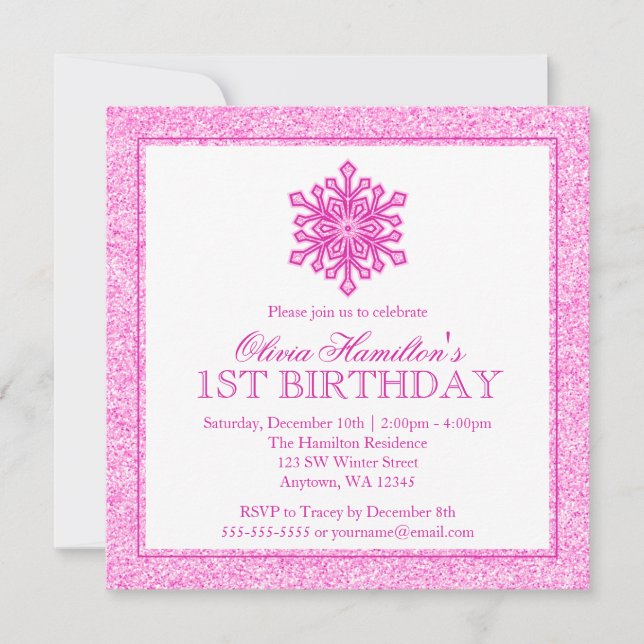 Sparkle Snowflake Pink 1st Birthday Invitation (Front)