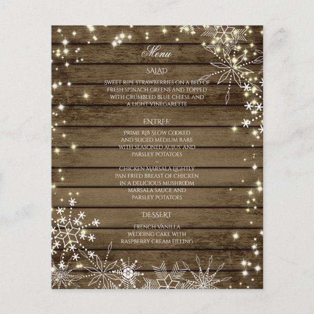 Sparkle Snowflakes and Barn Wood Wedding Menu (Front)