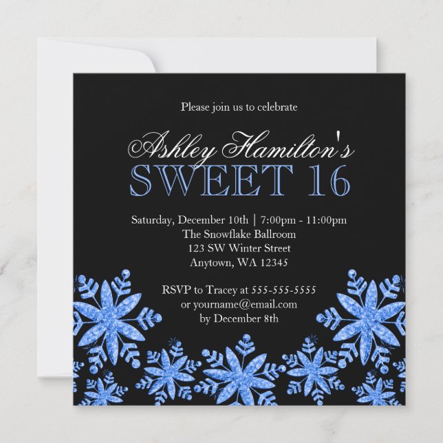 Sparkle Snowflakes Blue Sweet 16 Winter Wonderland Invitation (Front)