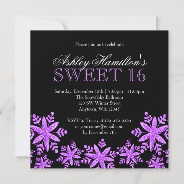 Sparkle Snowflakes Purple Sweet 16 Winter Invitation (Front)