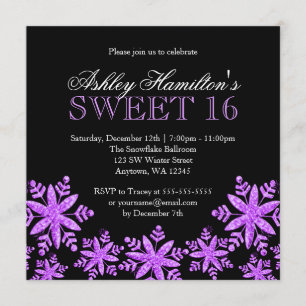 Sparkle Snowflakes Purple Sweet 16 Winter Invitation