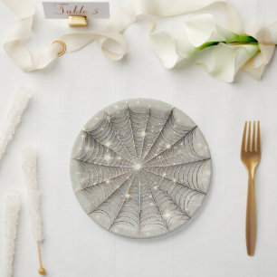 Sparkle Spiderweb Whimsical Tan Halloween Party Paper Plate