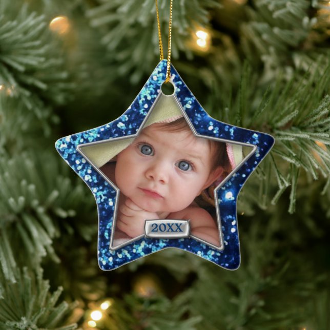 Sparkle Star Blue/Silver Photo Ceramic Ornament (Tree)