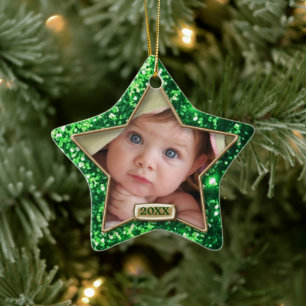 Sparkle Star Green/Gold Photo Ceramic Ornament