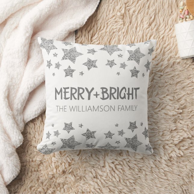 Sparkle Star Merry bright Christmas silver white Cushion (Blanket)