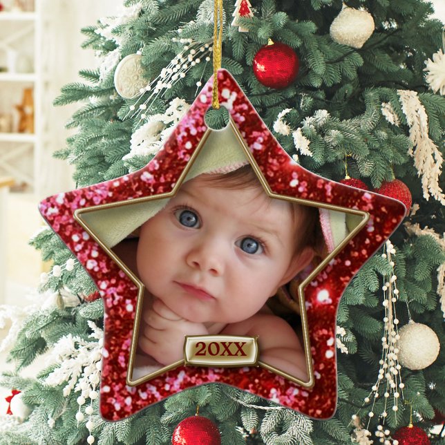 Sparkle Star Red/Gold Photo Ceramic Ornament (Creator Uploaded)