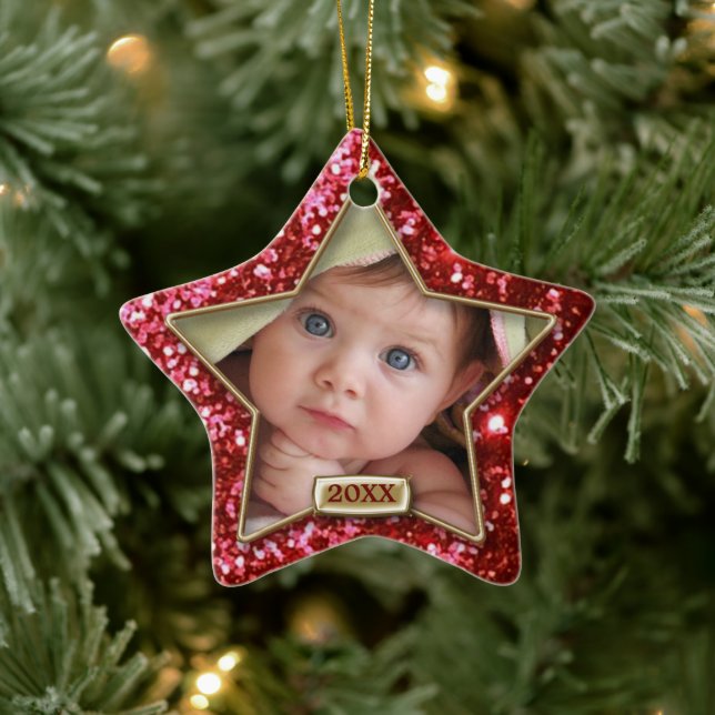 Sparkle Star Red/Gold Photo Ceramic Ornament (Tree)