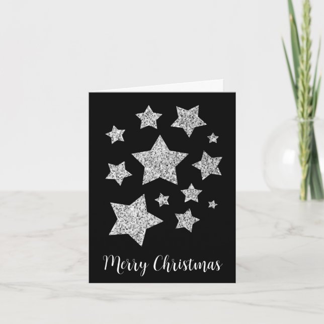 Sparkle Stars Christmas Holiday silver on black Card (Front)