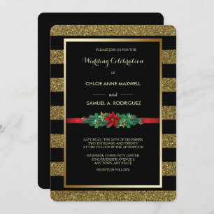 Sparkle Stripe Christmas Poinsettia Wedding Invite