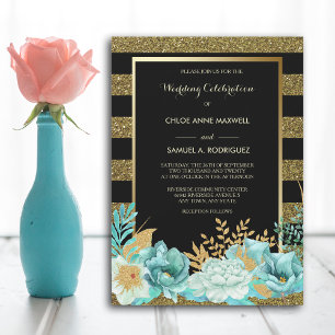 Sparkle Stripe Gold Mint Floral Wedding Invitation